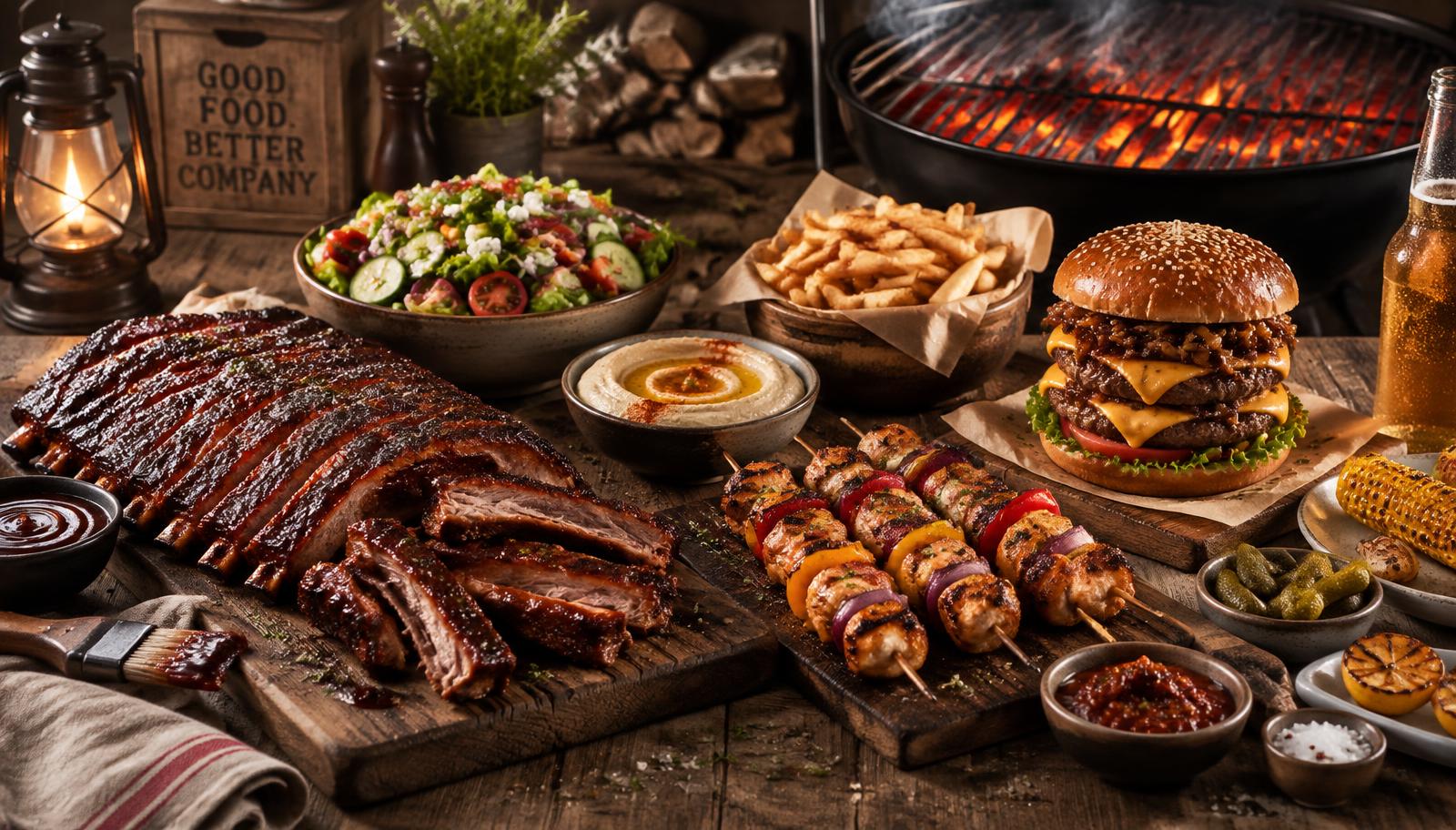 Ribs grillés, burger, brochettes et accompagnements